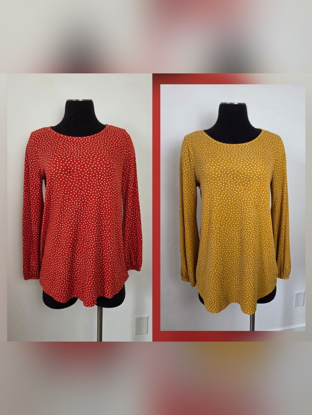 Bundle Of Two Ribbed Polka Dot Shirts Long Sleeve Modest Boho Yellow Red Medium